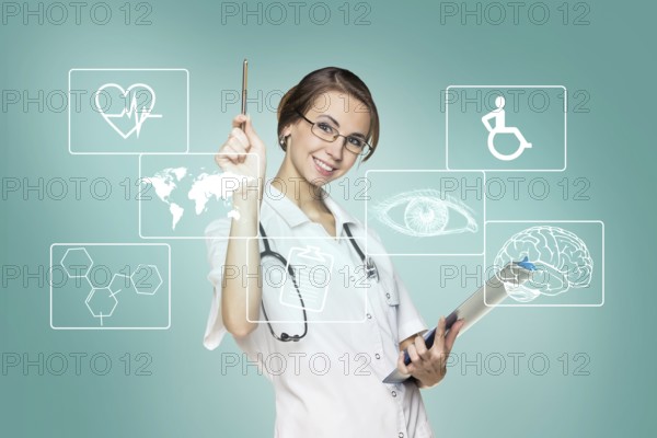Young female doctor in uniform touch hexagon with icons over gray background. Elements of this