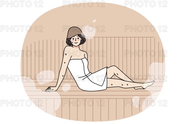 Happy young woman in towel relax in sauna enjoy bodycare procedures. Smiling girl rest in bathhouse
