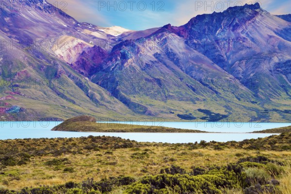 Los Glaciares is Argentina's most beautiful natural park. Huge lake with azure water, arid steppe