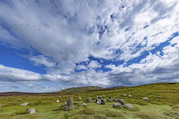 Druids Circle, stone circle in wide landscape with pastures in the mountains, Penmaenmawr,