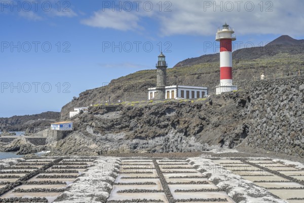 Sea salt extraction, Fuencaliente salt works, Faro de Fuencaliente lighthouses, La Palma, Spain,