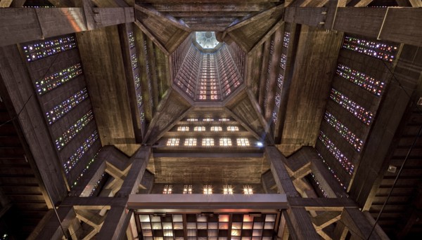 Interior view of the tower from above, coloured glass window by Marguerite Huré, St., Sankt, Saint