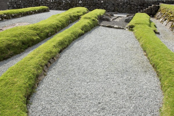 Viking settlement in Kvivik on the Faroe Islands with longhouse and ruins, Kvivik, Faroe Islands,