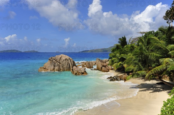 Rocks on Anse Patates beach, La Digue Island, the Seychelles, Indian Ocean