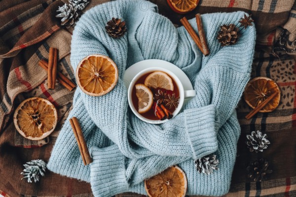 Blue sweater and cup of hot tea with lemon cinnamon sticks and anise star. Dry slices of citrus