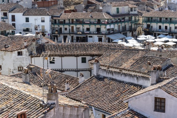 Chinchon, Spain, June 26, 2021: Aerial view of central Chinchon with Plaza Mayor, typical houses