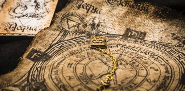 Ancient esoteric witchcraft background. Occultims and paganism old symbol, with mysterious runes