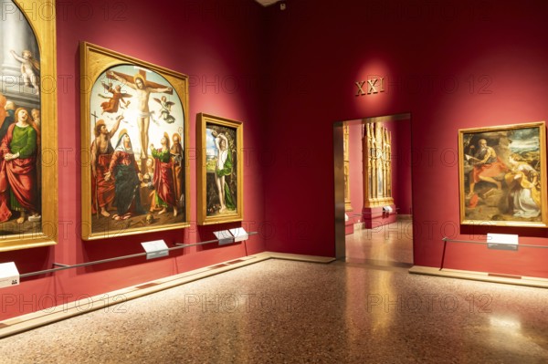 Milan, Italy, 23 September 2023: Brera antique painting museum interior. Vintage art exibition,