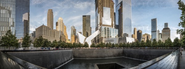 NEW YORK, USA, AUGUST 25, 2019: Iconic One World Trade Center memorial in downtown Manhattan, USA,