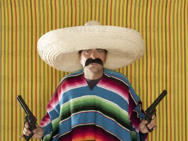 Bandit Mexican revolver mustache gunman sombrero poncho serape