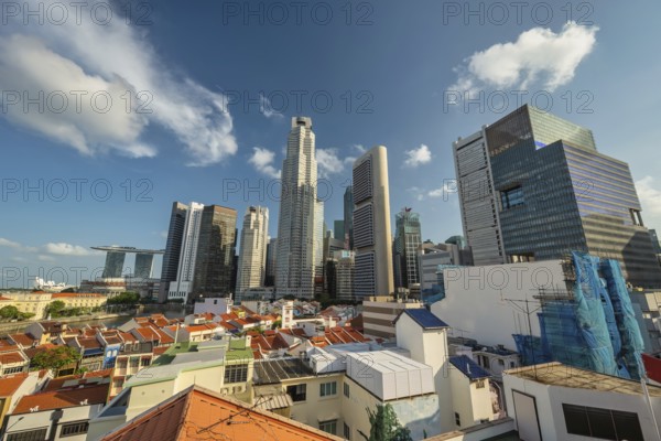 Singapore high angle view sunrise city skyline at Boat Quay and Clarke Quay waterfront business