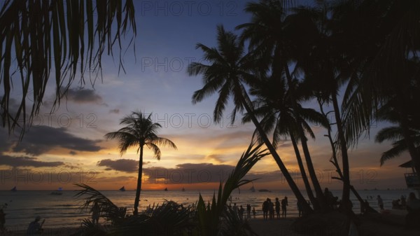 Silhouetted people and palms near sea. Sunset at tropical White beach, Boracay island, Philippines,