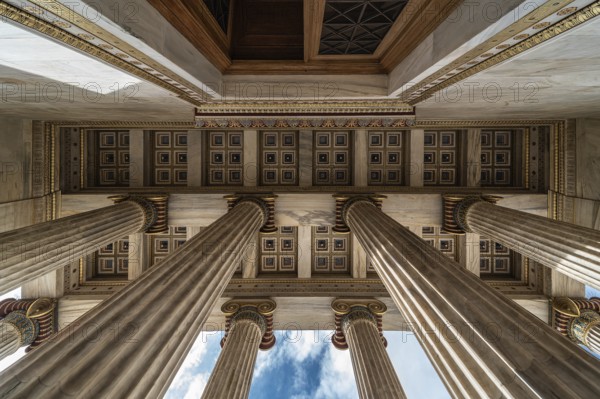 Athens Old Town, Attica, Greece, 12 28 2019 View over the pilars and ceiling at the entrance of the