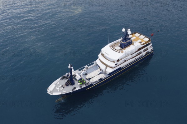 Aerial view 63 metre long motor yacht FORCE BLUE from the Danish shipyard Royal Denship, owned by