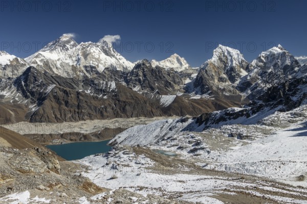 View from Renjo La, the mountain pass in Khumbu, the Everest Region, photographed on a clear, blue