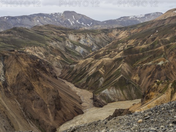 Rhyolite mountains, lava scree, Landmannalaugar, Fjallabak nature reserve, highlands, Iceland,
