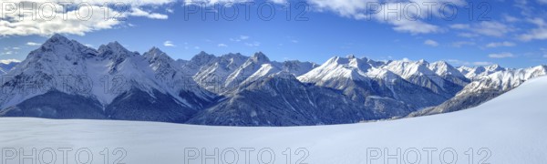 Motta Naluns ski area, view of the Lower Engadine towards the Upper Engadine, Scuol, Engadine,