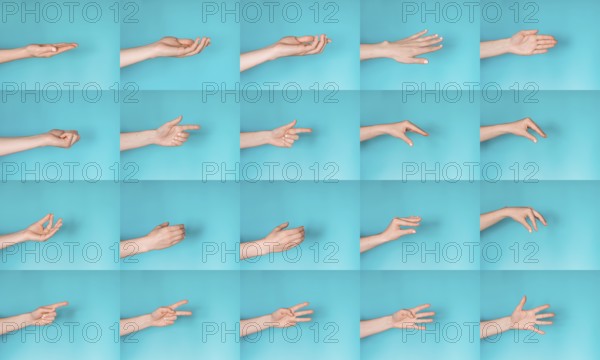Set of female hands gesturing on blue studio background. Hello, have-five and other symbols of