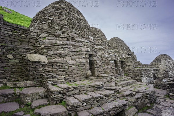 Clochans, stone cells. monastery at the top, Skellig Michael island, Mainistir Fhionáin (St.