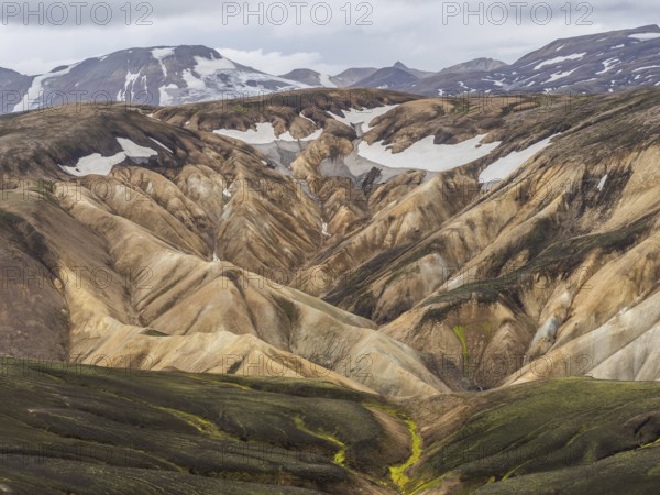 Rhyolite mountains, lava scree, Landmannalaugar, mountain peaks with snow, Fjallabak nature