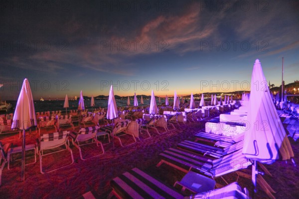 Carlton Beach Club of the Carlton Hotel on the Croisette at sunset, Cannes, Alpes-Maritimes