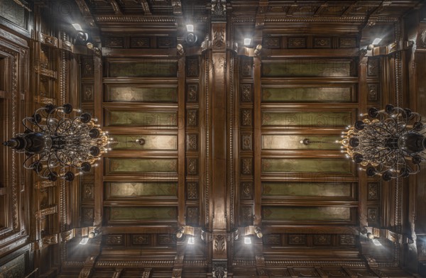 Anderlecht, Brussels Capital Region, Belgium- 02 28 2020 Decorated ceiling with wood and vintage