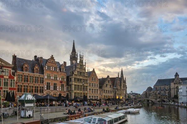 Ghent Belgium, city skyline at St Michael's Bridge (Sint-Michielsbrug) with Leie River and Korenlei