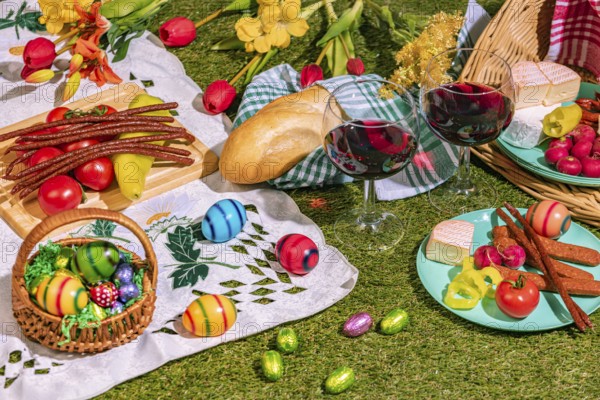 A picnic with two wine glasses on grass, surrounded by bread, sausage, cheese, vegetables and