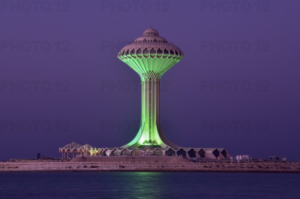 Illuminated water tower on the Corniche, blue hour, blue hour, Al Khobar, Ash Sharqiyah province,