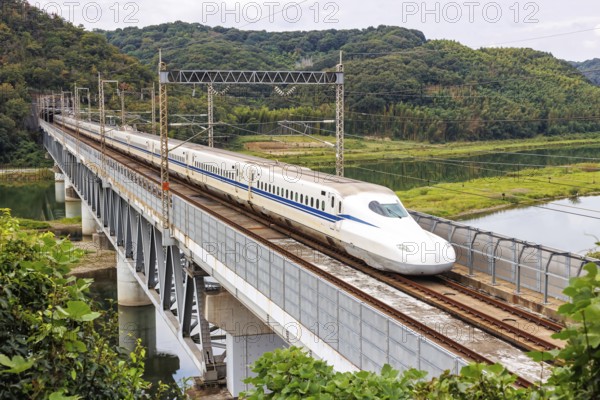 Shinkansen type N700 high-speed train of Japan Rail JR train on the Sanyo Shinkansen line in