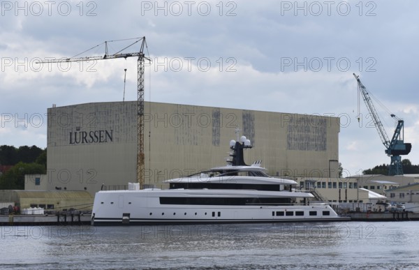 Superyacht HAVEN in front of the Lürssen shipyard near Rendsburg, Schleswig-Holstein, Germany,