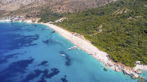 Aerial drone view of the paradise beach of Kroreza or Krorez on the Albanian riviera in Sarande,
