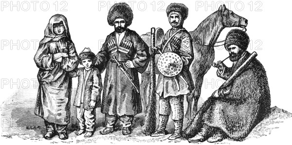 Portrait of a group of Caucasians with men, woman and child, inhabitants of the Caucasus region,