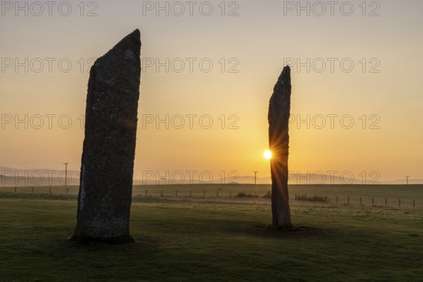 Stones of Stenness Circle and Henge at sunrise, stone circle and henge, Neolithic monument, UNESCO