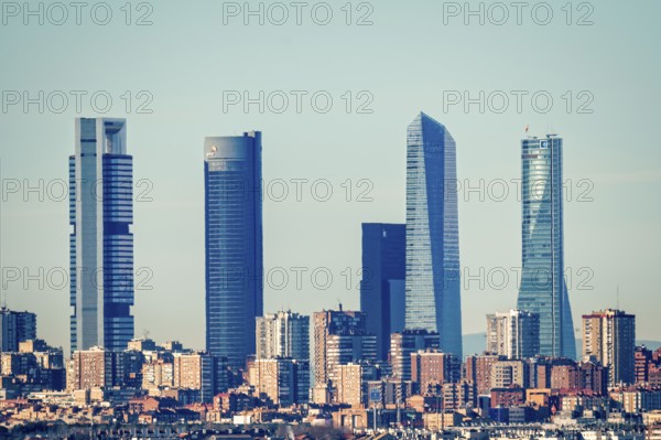 Madrid, Spain, December 31, 2021: Cityscape of Cuatro Torres Business Area. Financial district,