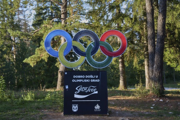 Olympic rings, commemoration of the 1984 Sarajevo Winter Olympics, on Mount Trebevic, Sarajevo,