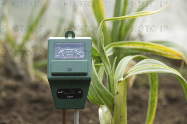 The meter has various indications illustrating its role in monitoring and measuring the moisture