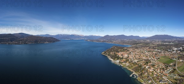 Drone landscape panorama of Lake Maggiore in the Italian Lake District and the village of Ispra