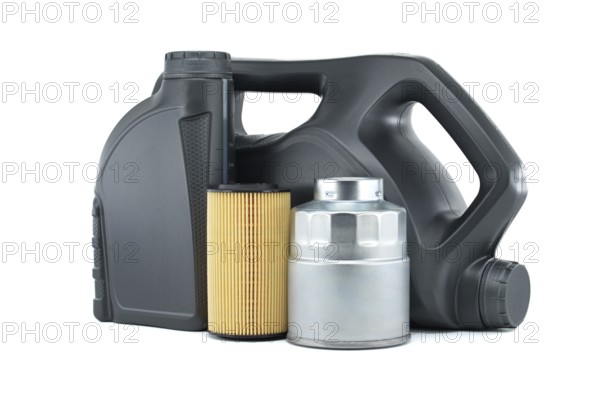 Vehicle engine oil filters and motor oil cans isolated on a white background. Containers, plastic