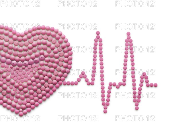 Creative medicine and healthcare concept of drugs and pills, against a white background ECG, a