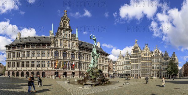 Panoramic photo of Antwerp City Hall (Stadhuis Antwerpen), the Brabo Fountain and the historic