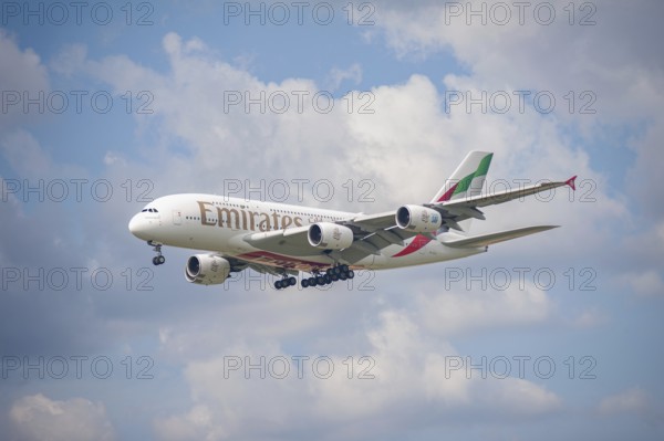 02.06.2024, Berlin, Germany, Europe, An Emirates Airline Airbus A380-800 passenger aircraft with