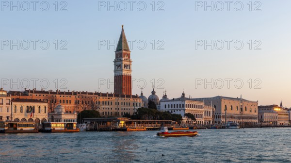 Morning light at sunrise, Doge's Palace and Campanile San Marco, panoramic view, Venice, Italy,