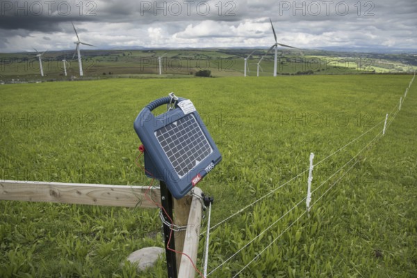 Solar powered electric fencing in pasture, with wind turbines in the background, Adfa, Newtown,