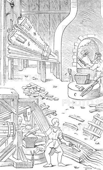 16th century forge with blower, anvil and hammer, after Georg Agricola, digitally enhanced