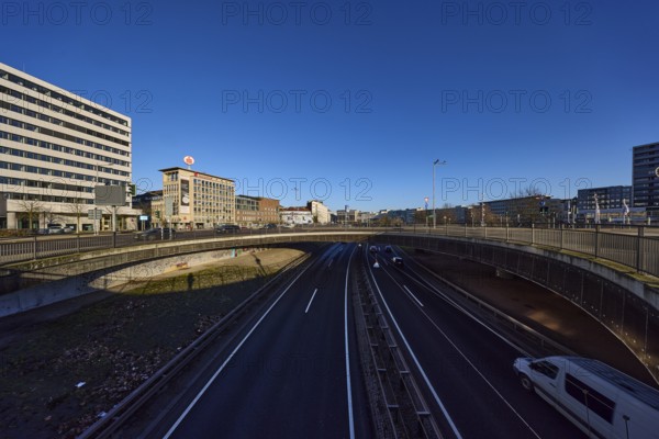 General architecture, modern architecture, Sparkasse Saarbrücken, roundabout, bridge, blue sky,