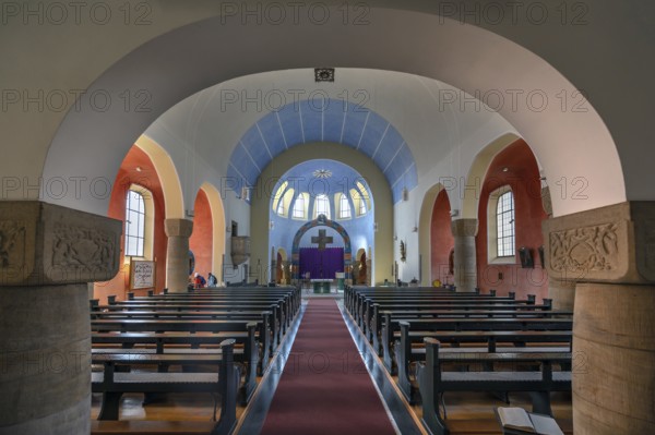 Interior with chancel of St Stephen's Church, Art Nouveau building with neo-Romanesque elements,