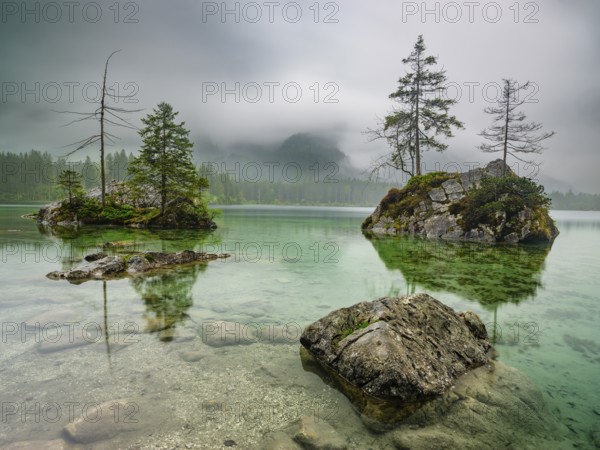 Hintersee under a cloudy rainy sky, Berchtesgaden National Park, Ramsau, Upper Bavaria, Bavaria,