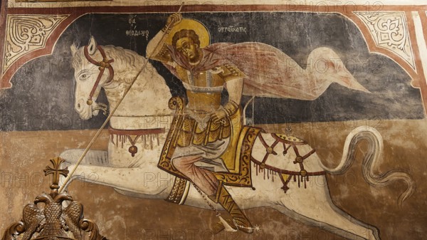 Religious depiction of an armoured rider on a white horse, Thari Monastery, Moni Thari, near