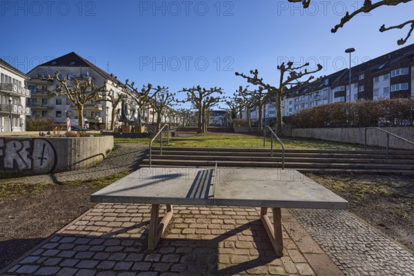 Residential area, apartment blocks, public table tennis table, bare trees, plane trees (Platanus),